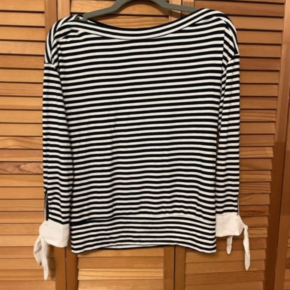 NEW Womens Stella & Dot L/S black white stripe bow top S